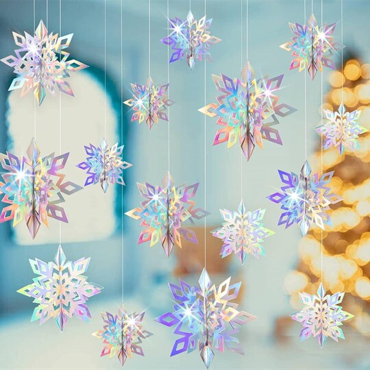 AreaDeco; 12 Pcs 3D Christmas Hanging Snowflake Decorations – Winter Wonderland Party Ornaments; Category:Ceiling Decorations; Image:1